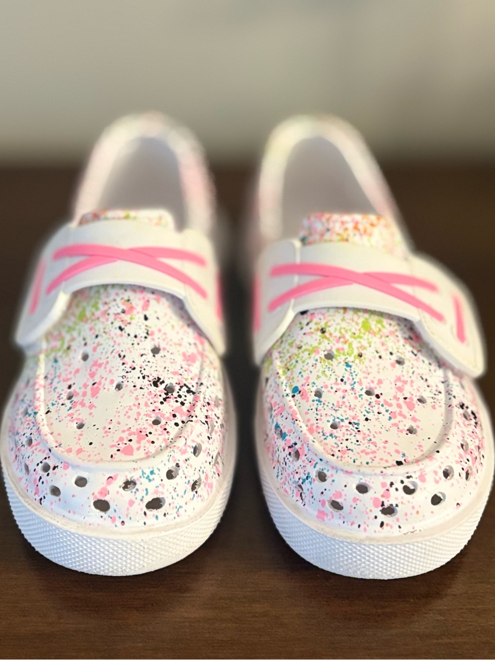 Sperry White Kids Slip-On Sneakers with Pink and Multicolor Paint Splatter
